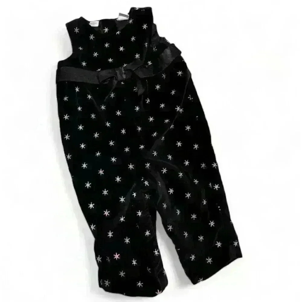 Parisian BeBe Girls Black Velour Snowflakes Jumpsuit 18 Months